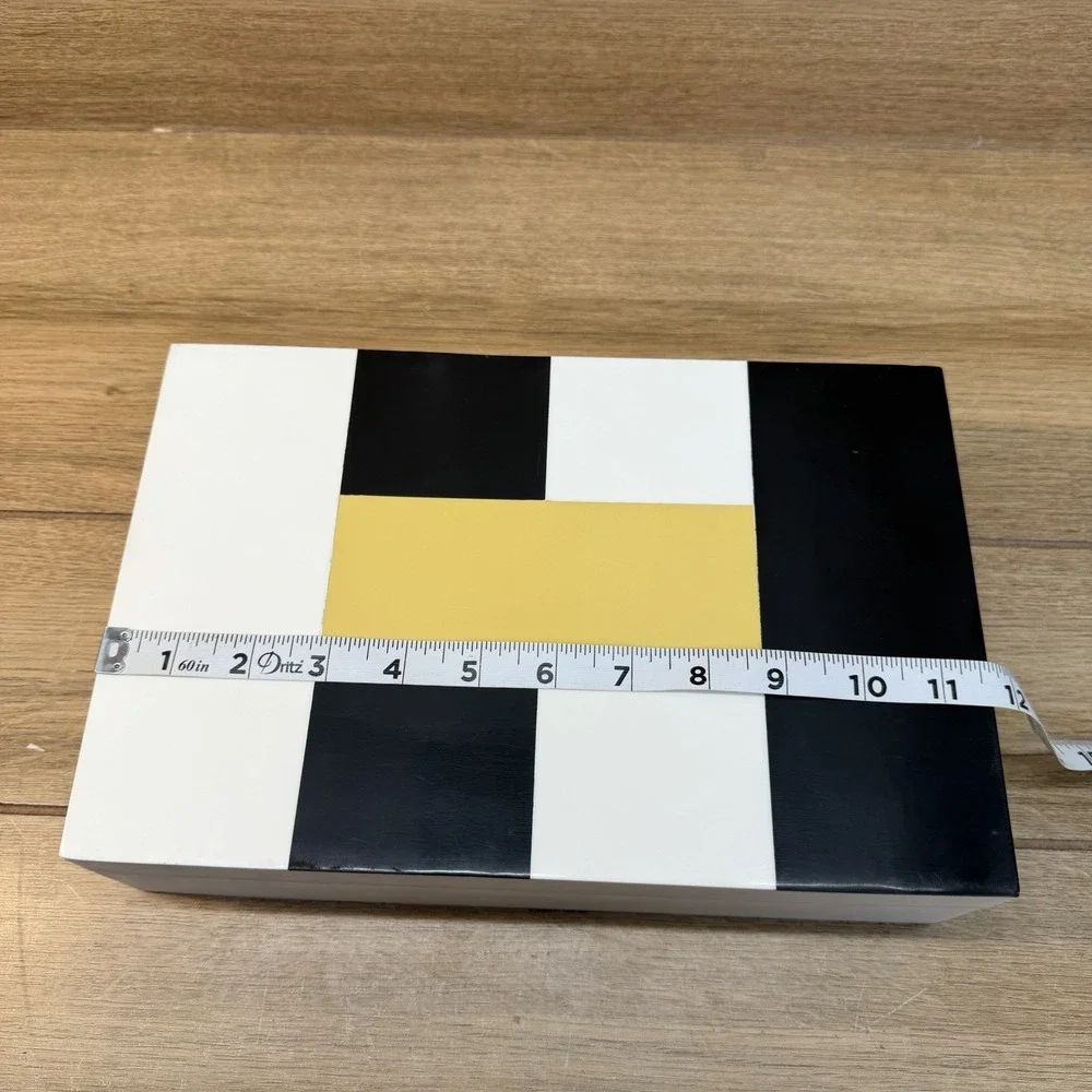 Handmade Wood Storage Stash Trinket Box Black Yellow White Geometric Hinged